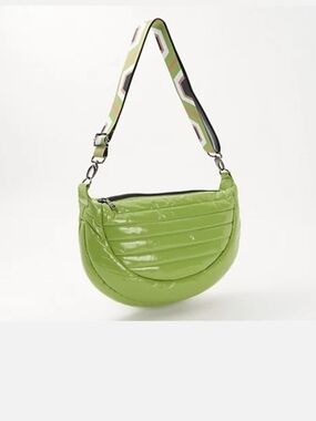 Think Royln Green Quilted Crescent Shoulder Bag with Patterned Strap